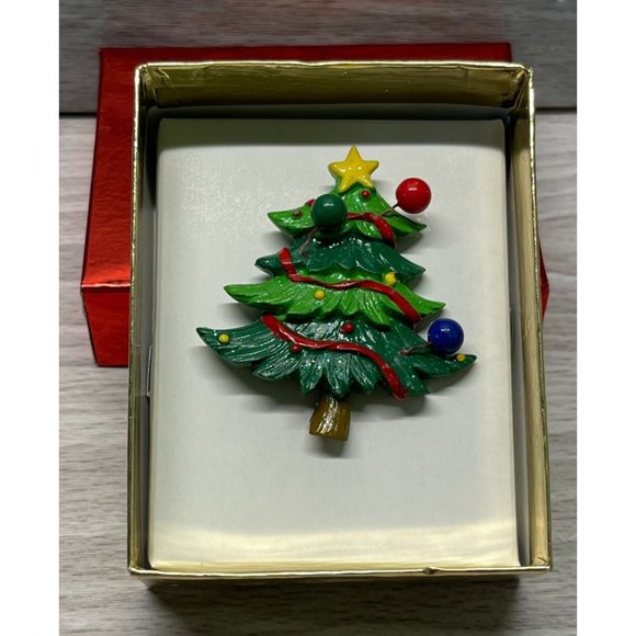Christmas Tree Pin Brooch Vintage Holiday 2 Inch With Original Box - Picture 1 of 7